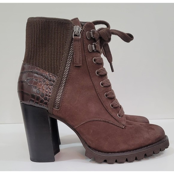 Gibson Latimer Felisa Dark Brown Cow Suede/Fabric/Leather Combat Heeled Boot 8 M - Picture 2 of 11